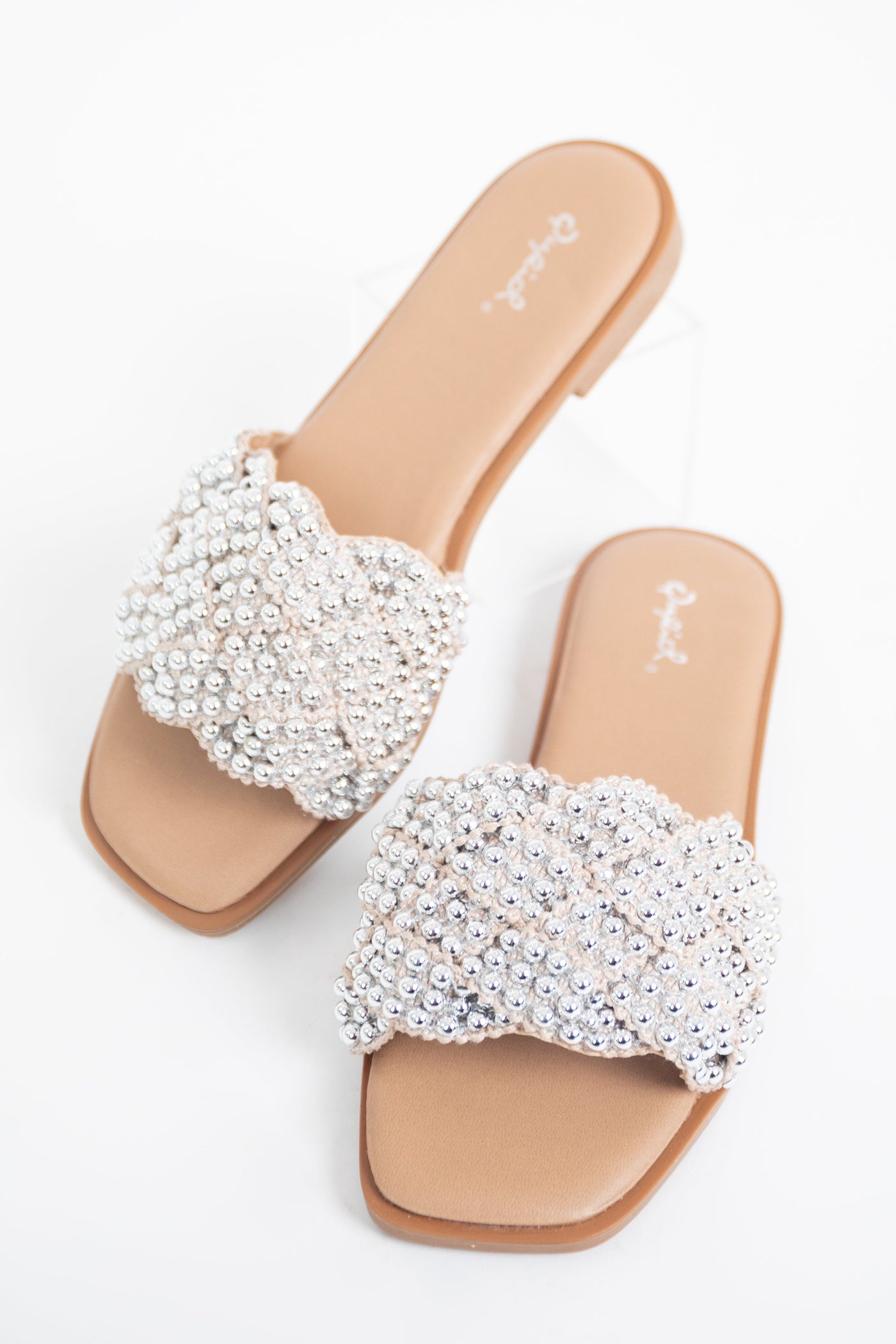Latte Square Toe Sandals with Silver Beaded Strap