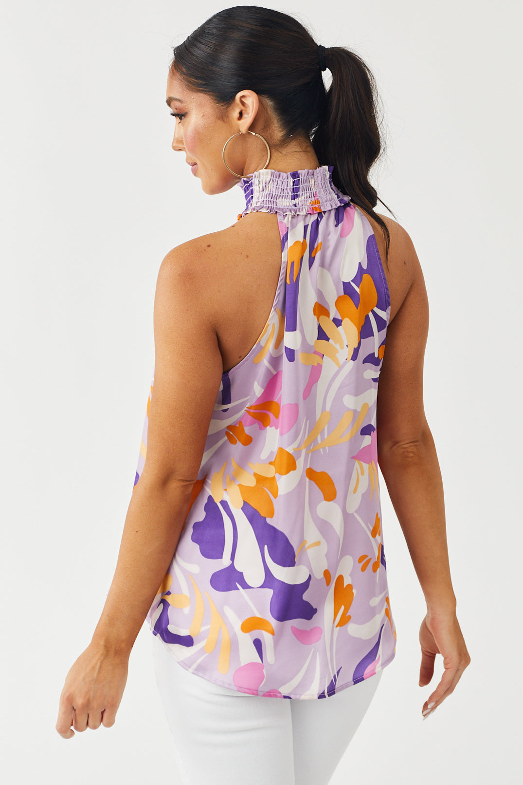 Lavender Abstract Print Halter Neck Satin Blouse