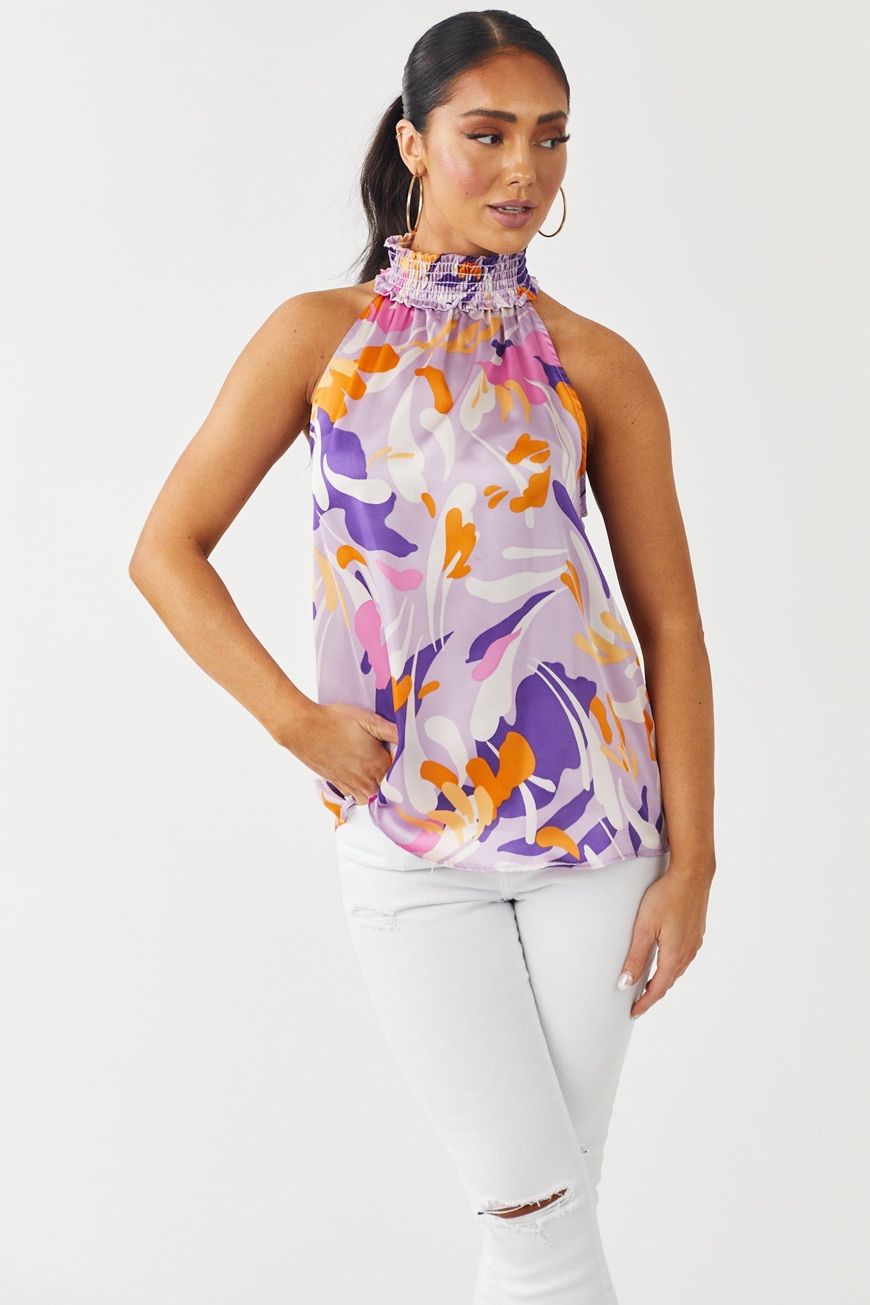 Lavender Abstract Print Halter Neck Satin Blouse
