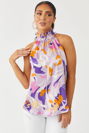 Lavender Abstract Print Halter Neck Satin Blouse
