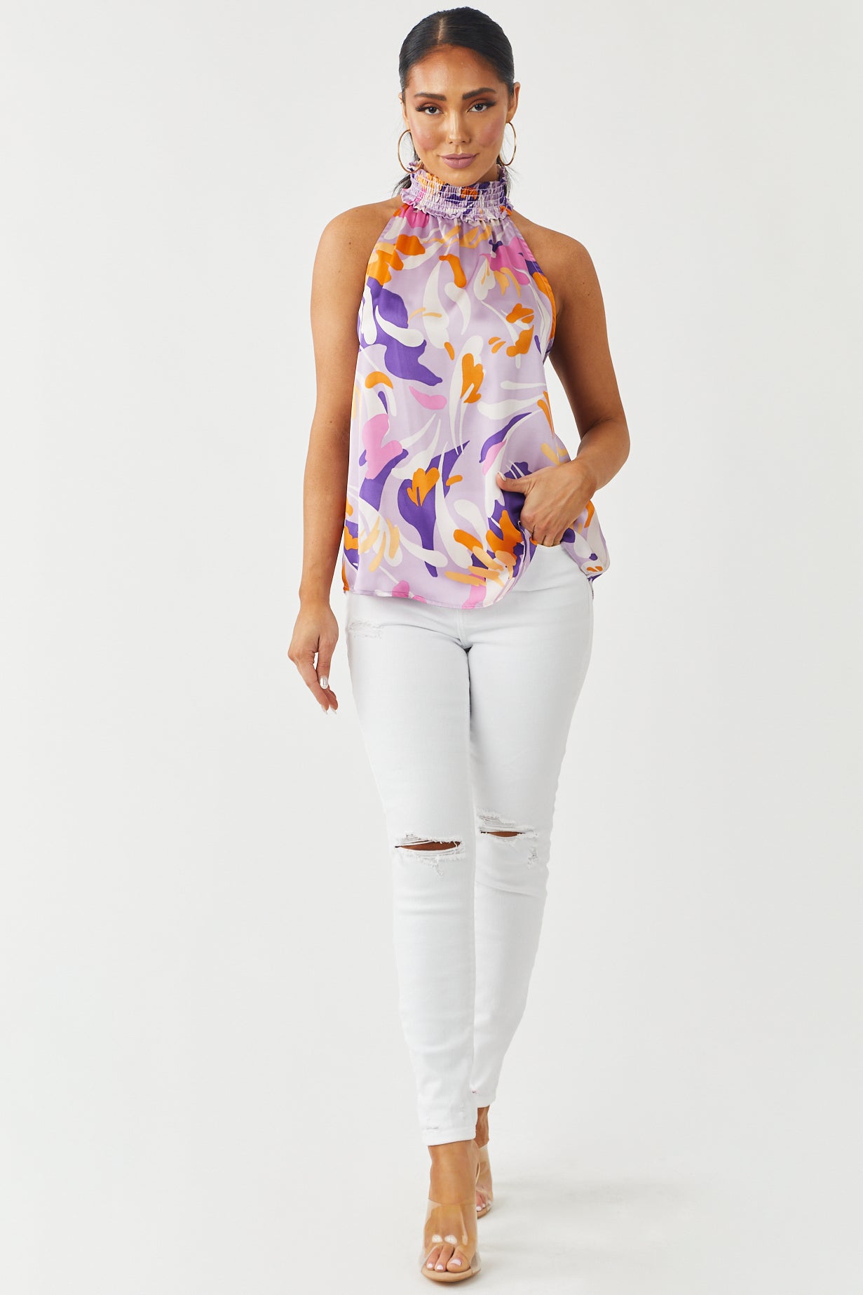 Lavender Abstract Print Halter Neck Satin Blouse