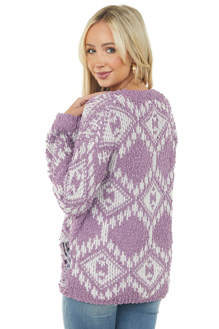 Lavender Aztec V Neck Long Sleeve Knit Sweater