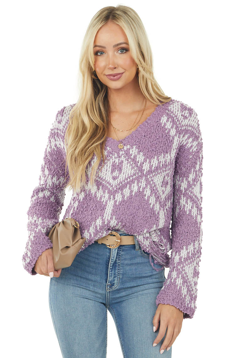 Lavender Aztec V Neck Long Sleeve Knit Sweater