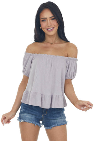 Lavender Boat Neckline Ribbed Knit Crop Top with Ruffles