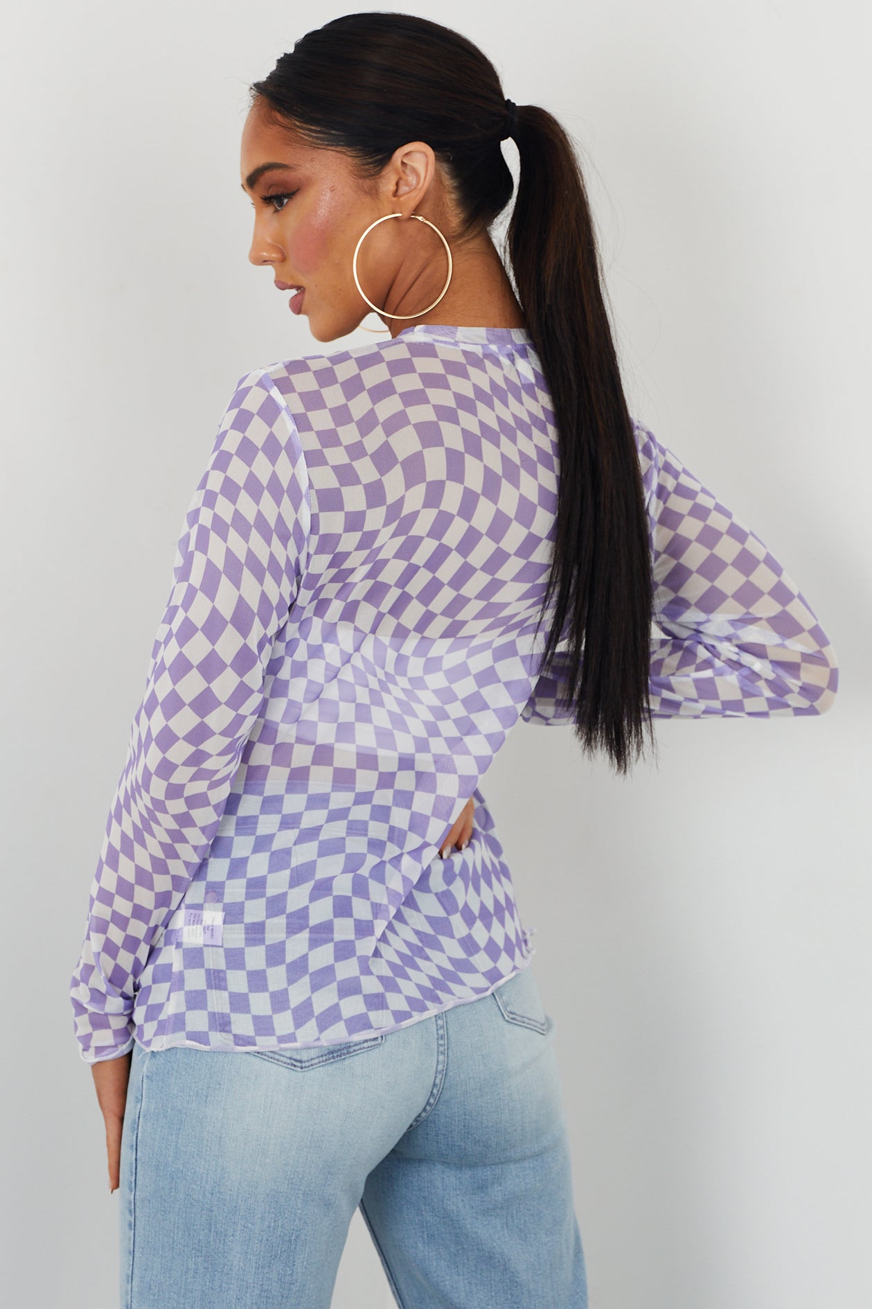 Lavender Checkerboard Print Sheer Mesh Top
