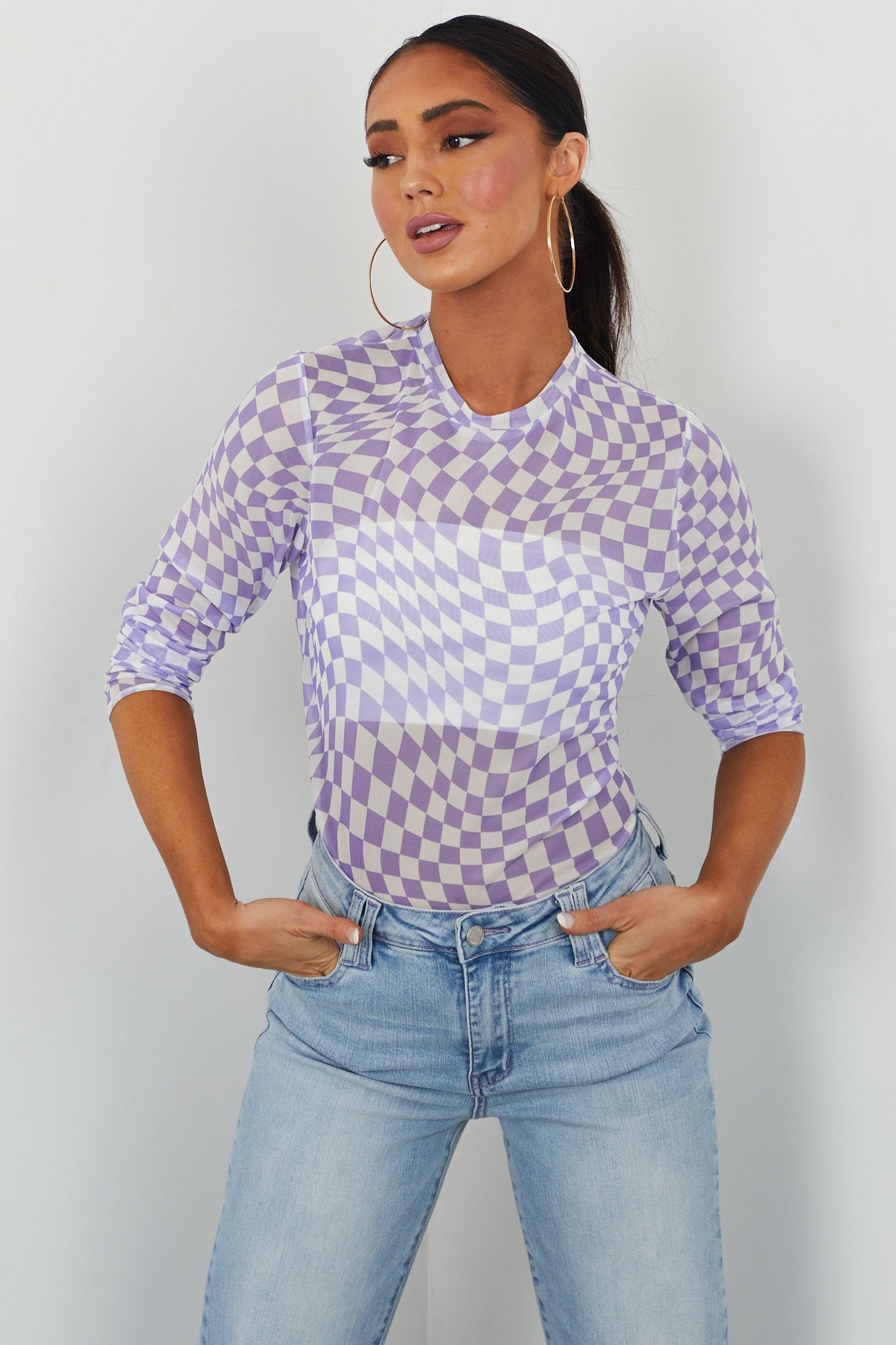 Lavender Checkerboard Print Sheer Mesh Top