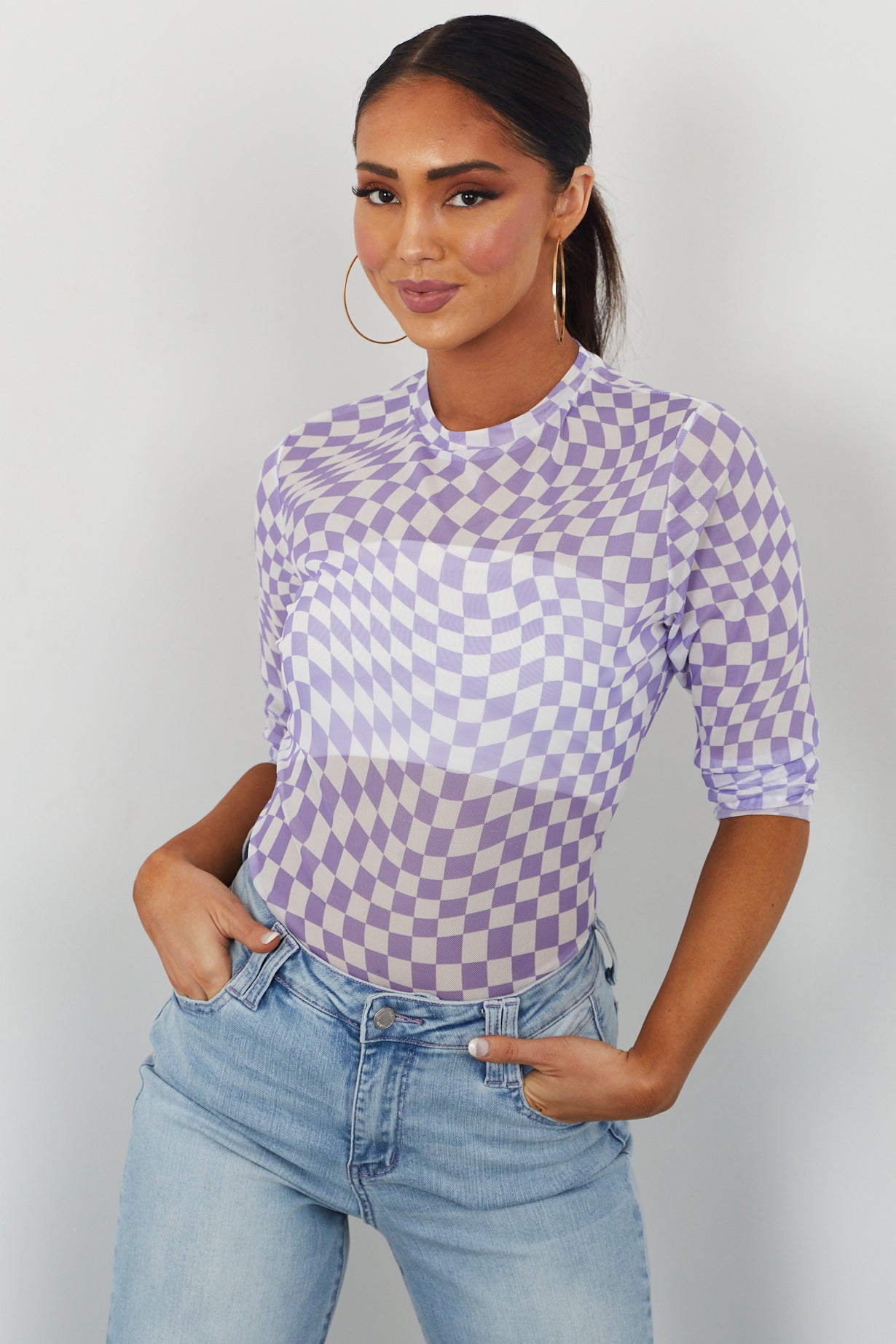 Lavender Checkerboard Print Sheer Mesh Top