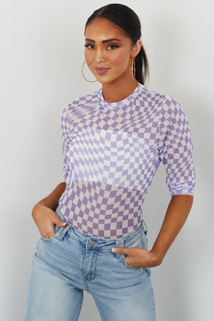 Lavender Checkerboard Print Sheer Mesh Top