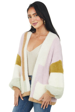 Lavender Color Block Fuzzy Open Front Cardigan