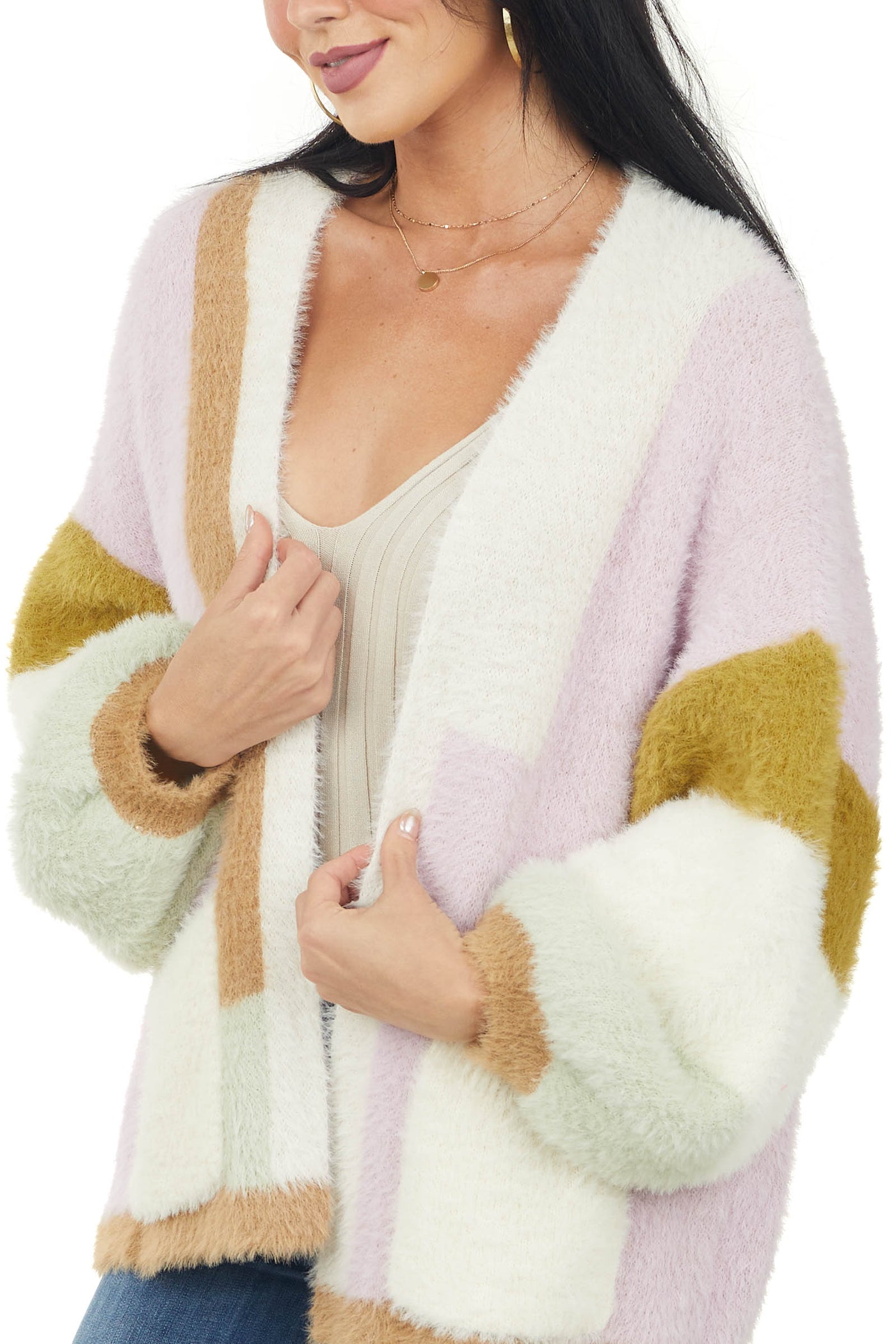 Lavender Color Block Fuzzy Open Front Cardigan
