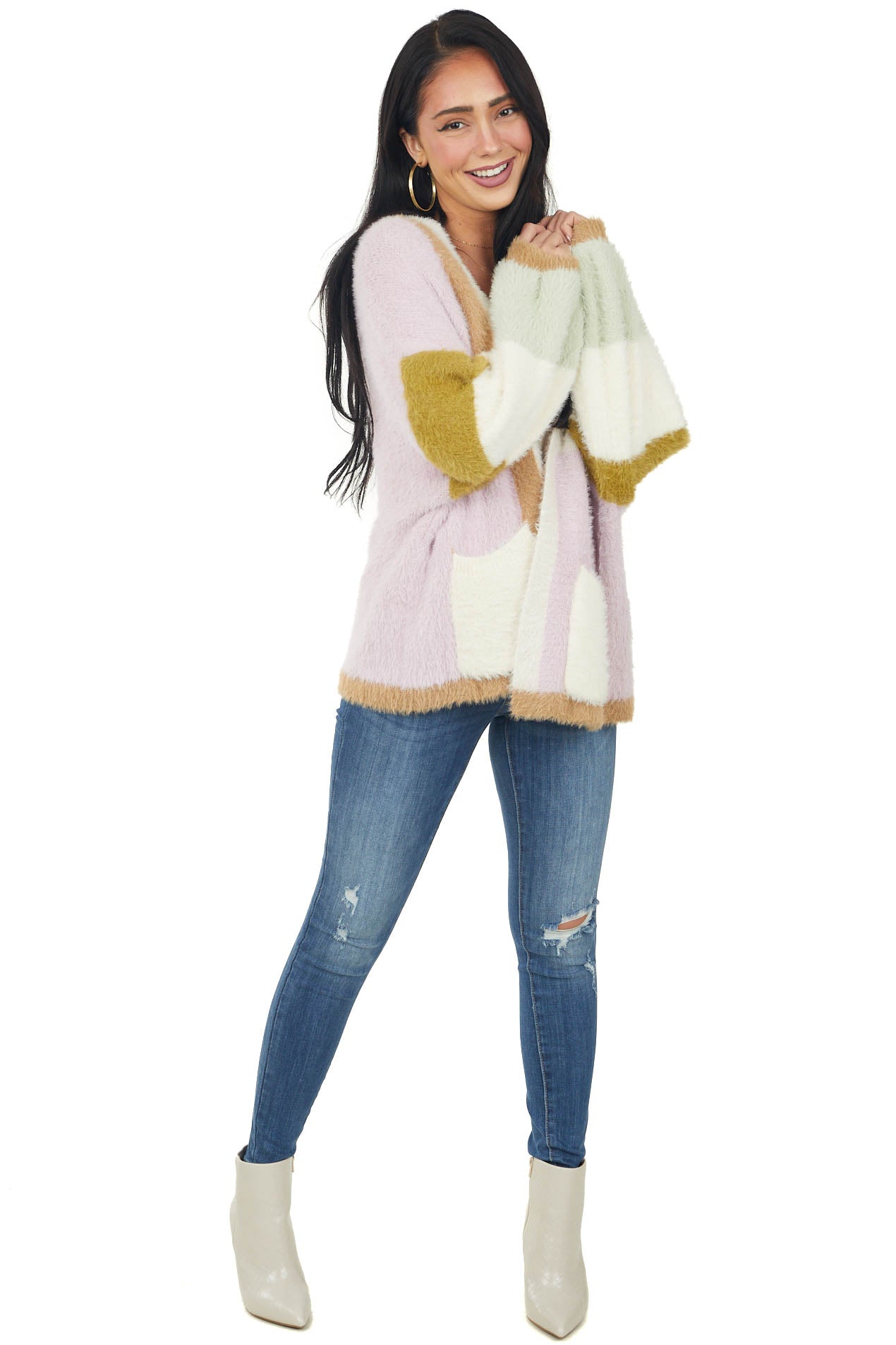 Lavender Color Block Fuzzy Open Front Cardigan