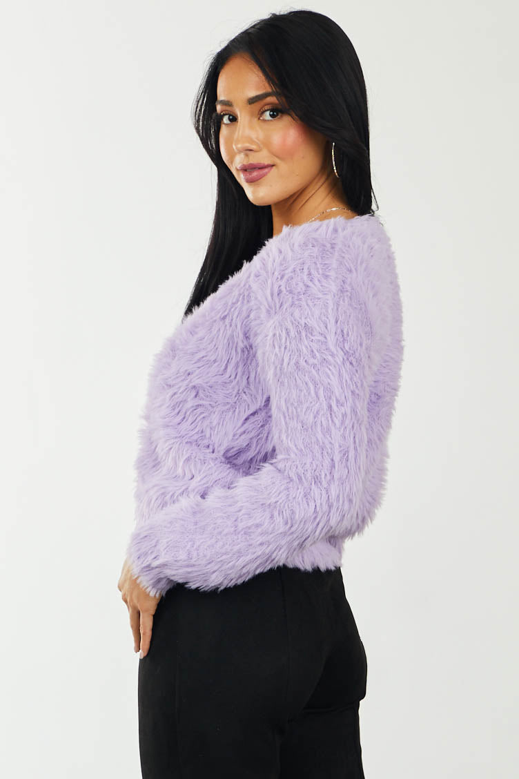 Lavender Faux Fur Button Up Cropped Cardigan