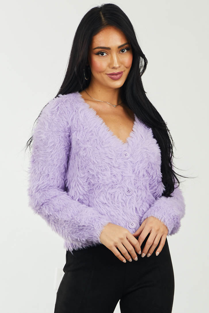 Lavender Faux Fur Button Up Cropped Cardigan