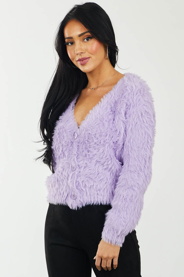 Lavender Faux Fur Button Up Cropped Cardigan