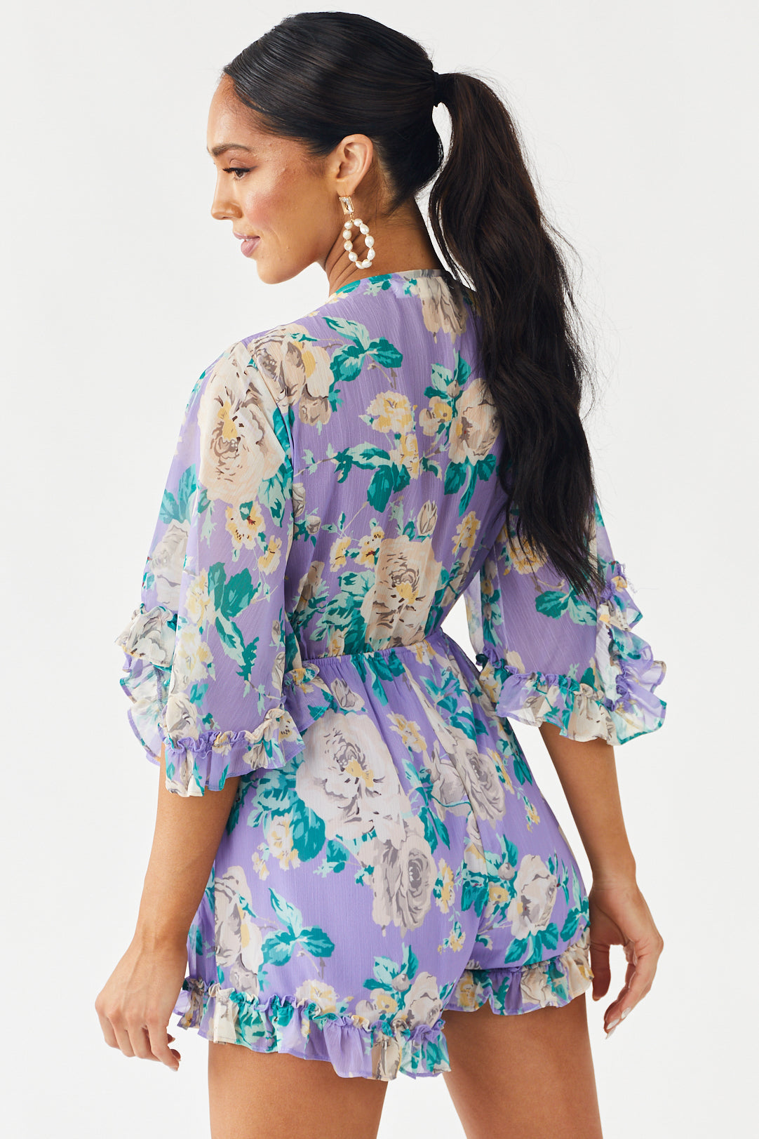 Lavender Floral Print Front Tie Woven Romper