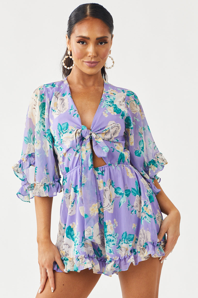 Lavender Floral Print Front Tie Woven Romper