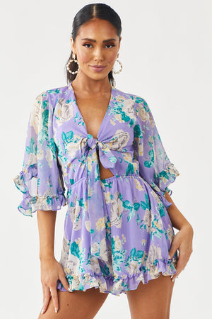 Lavender Floral Print Front Tie Woven Romper