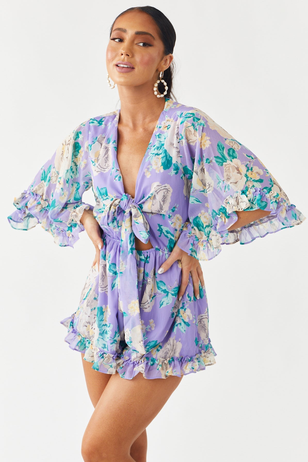 Lavender Floral Print Front Tie Woven Romper