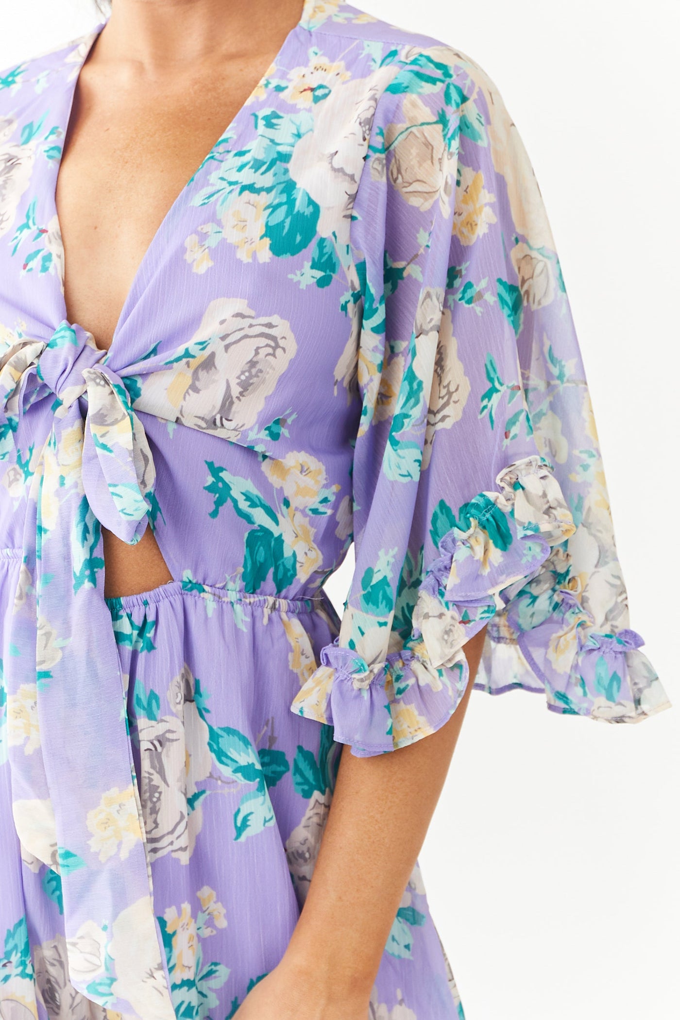 Lavender Floral Print Front Tie Woven Romper