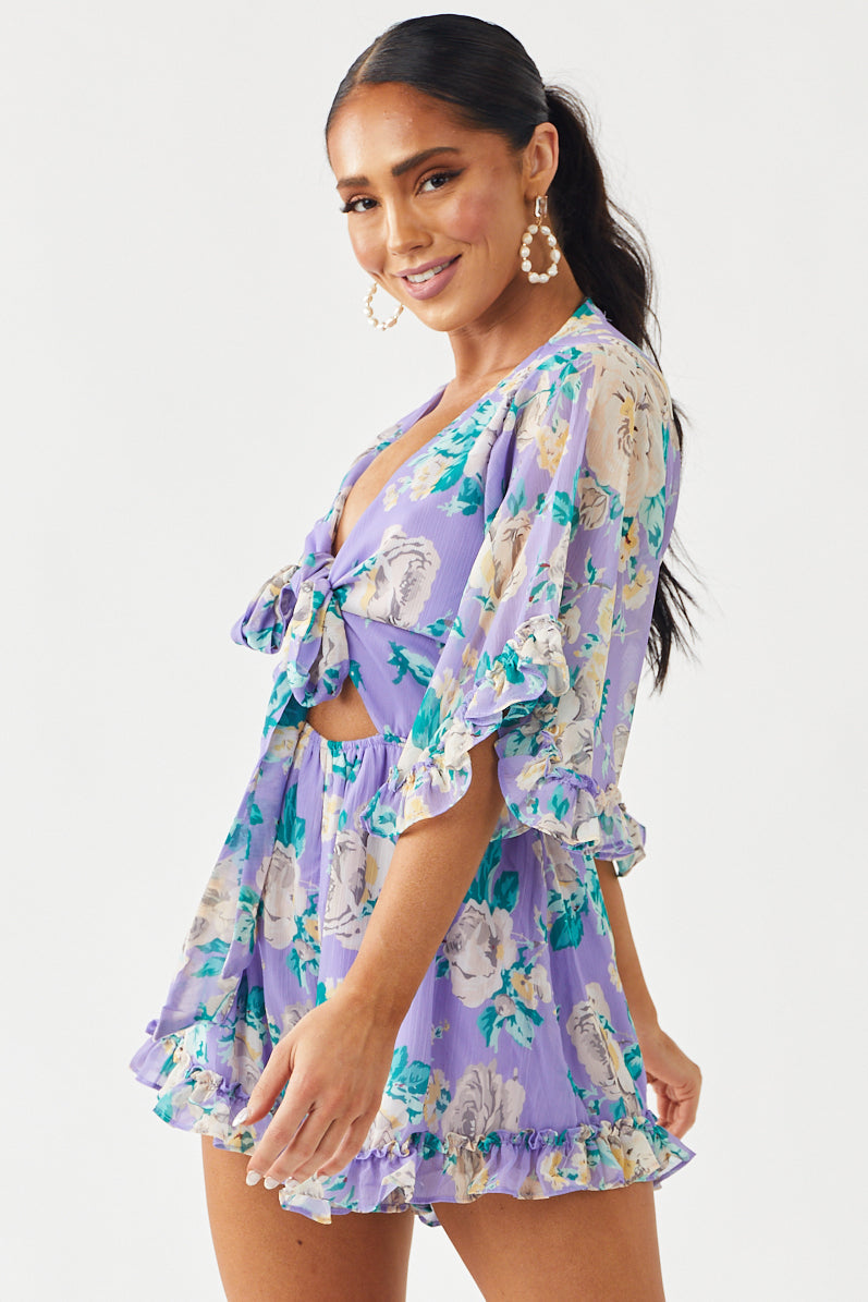 Lavender Floral Print Front Tie Woven Romper