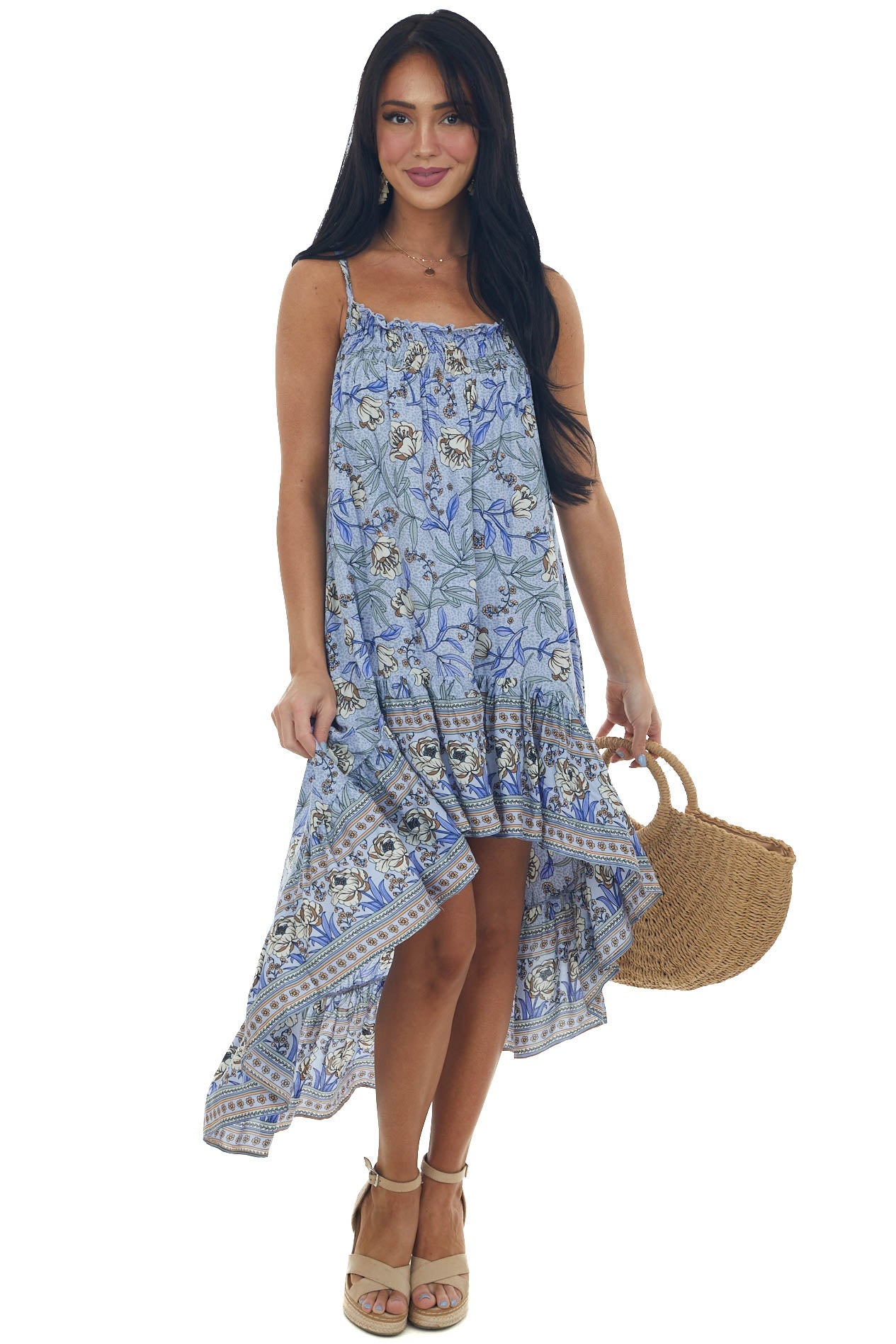 Lavender Floral Print Sleeveless High Low Dress