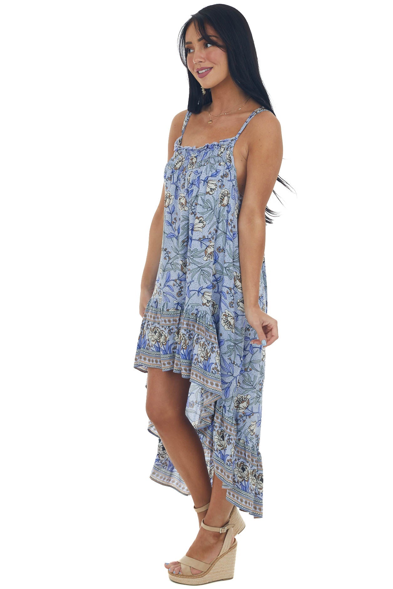 Lavender Floral Print Sleeveless High Low Dress