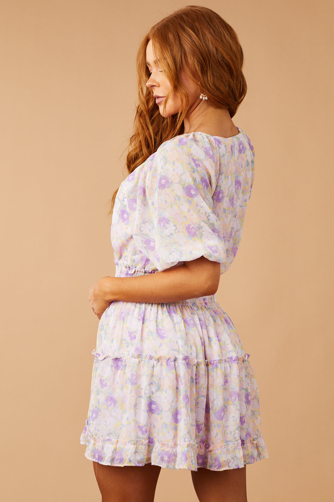 Lavender Floral Print Surplice Puff Sleeve Mini Dress