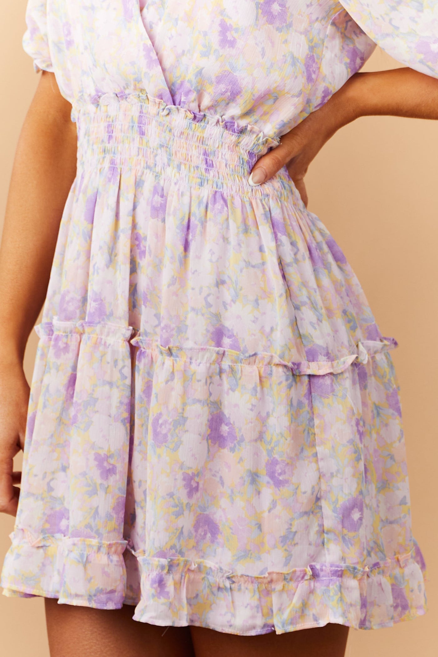 Lavender Floral Print Surplice Puff Sleeve Mini Dress