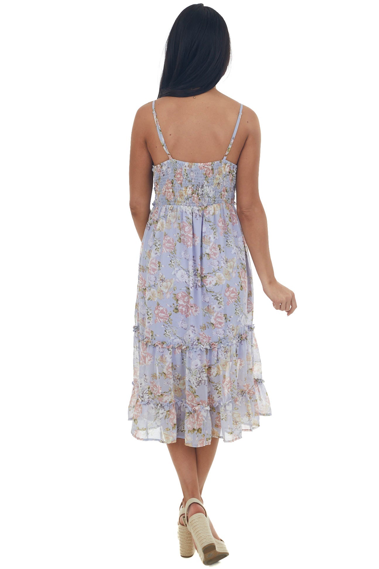 Lavender Floral Sleeveless Frill Midi Dress