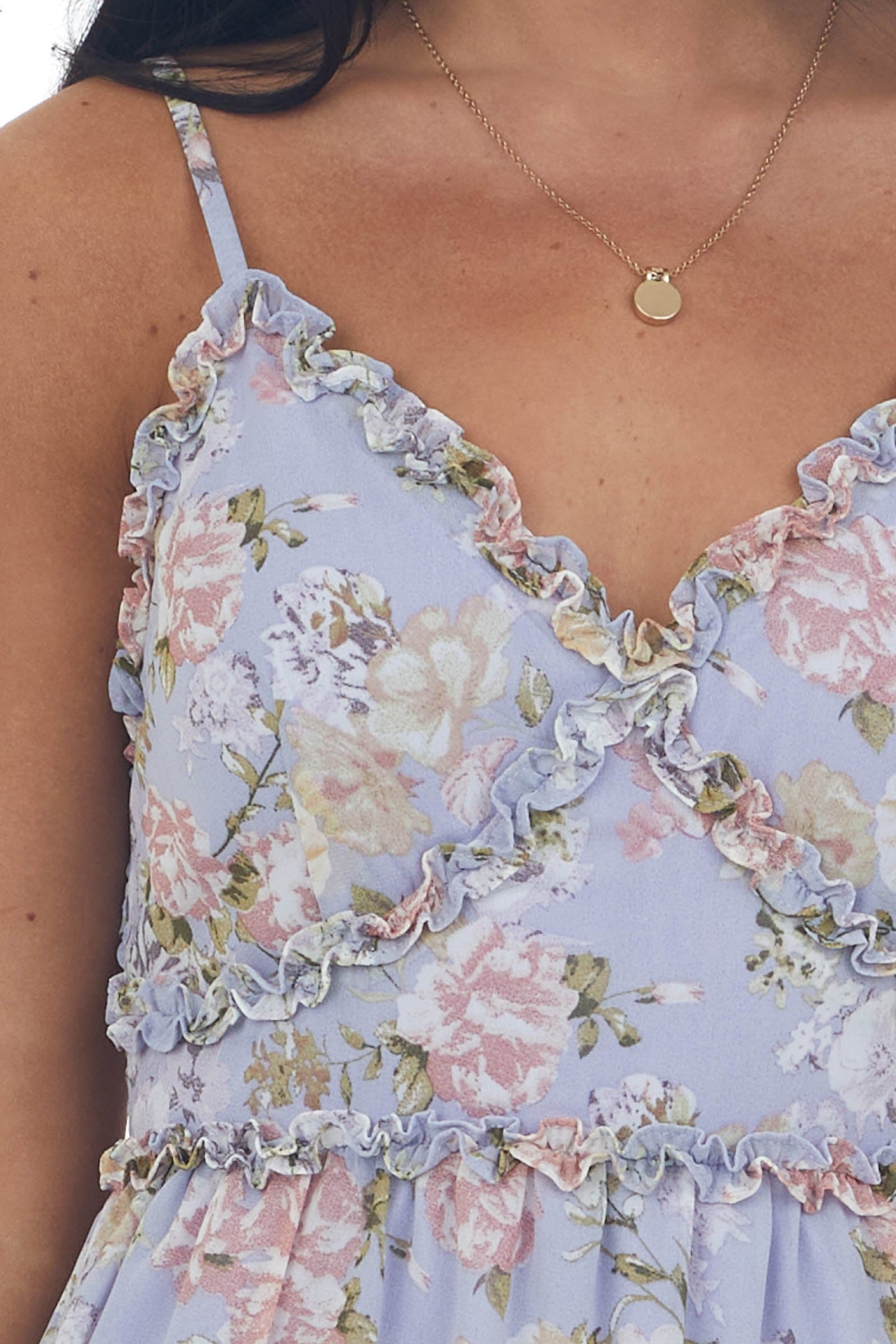 Lavender Floral Sleeveless Frill Midi Dress