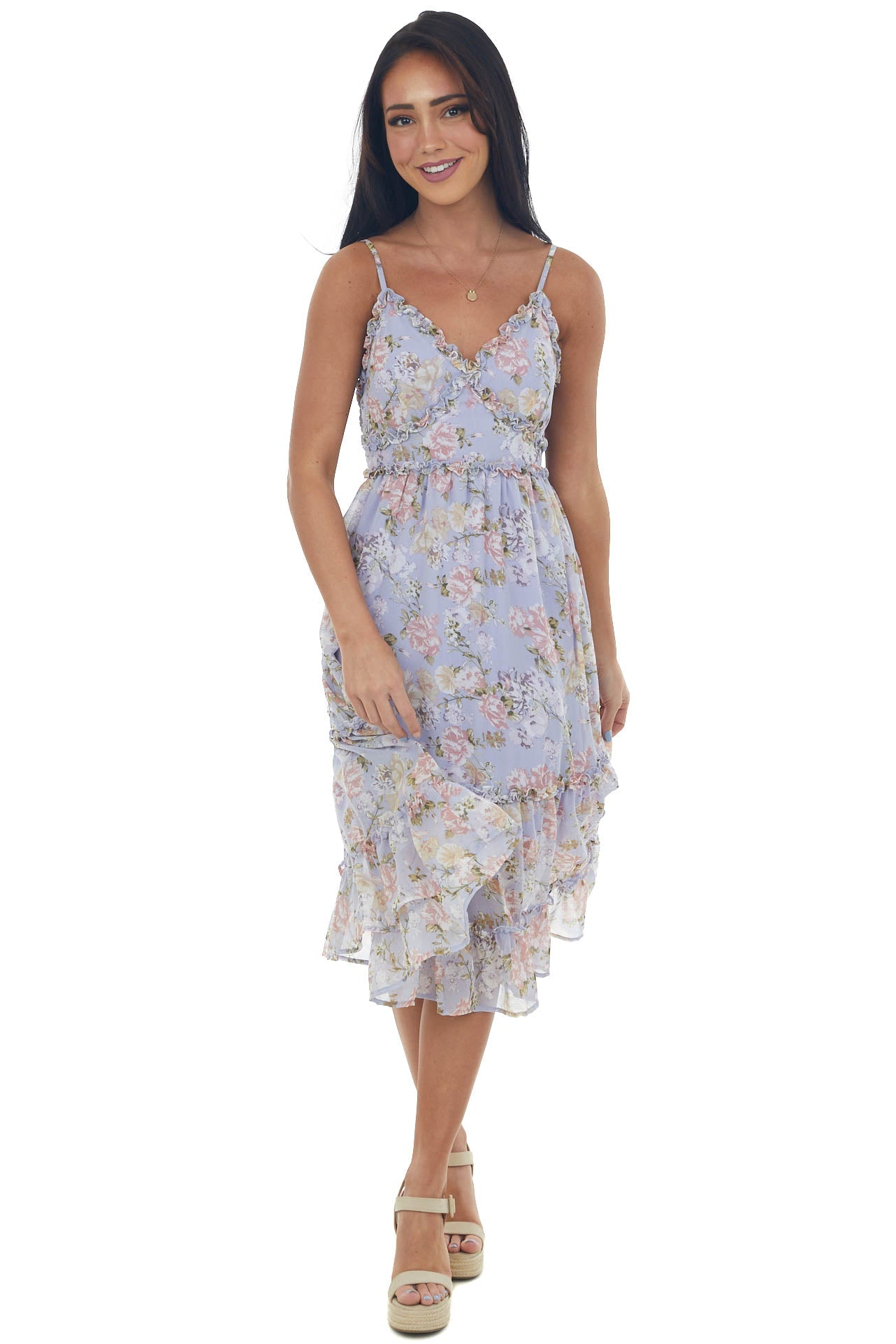 Lavender Floral Sleeveless Frill Midi Dress