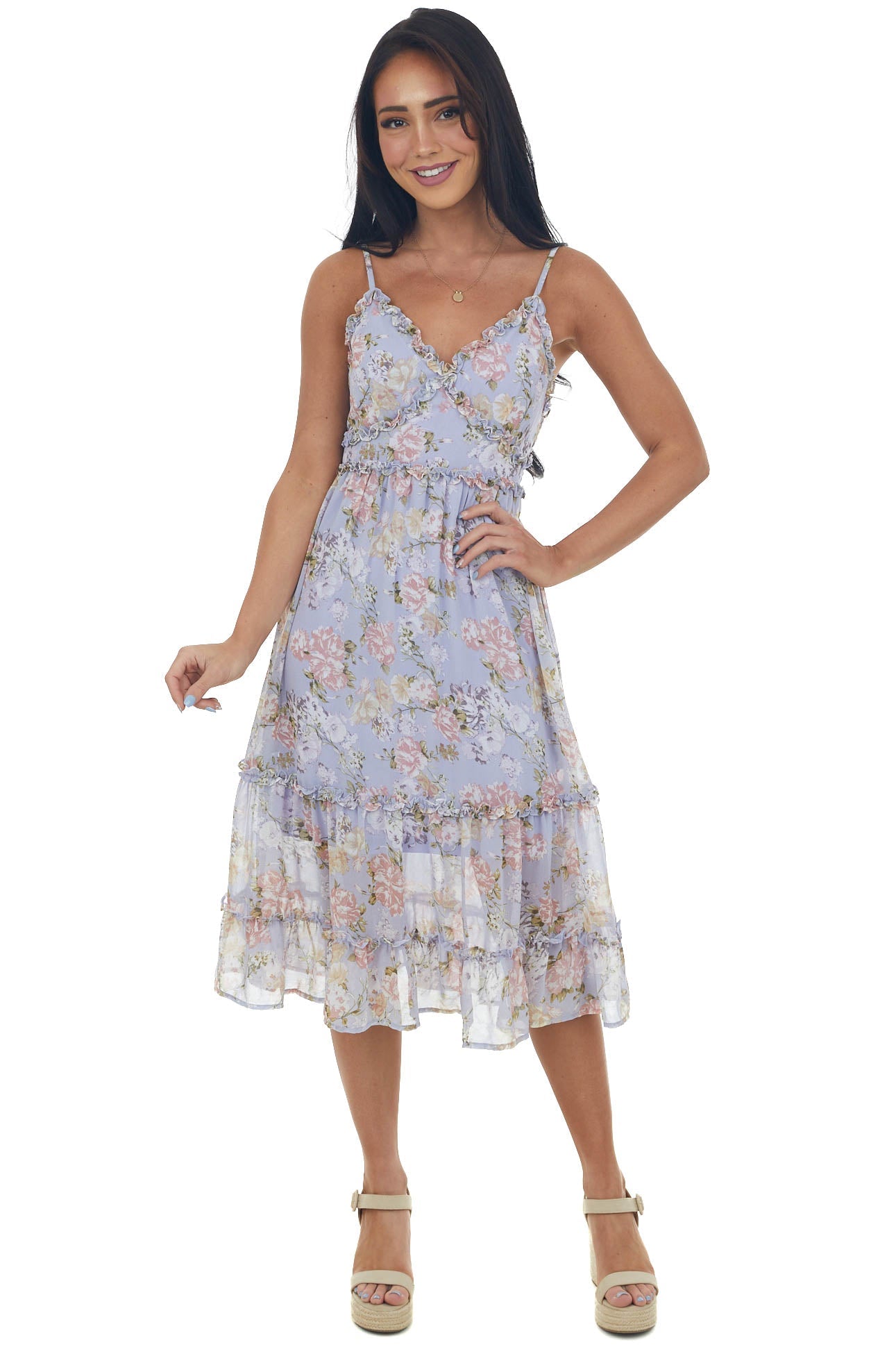 Lavender Floral Sleeveless Frill Midi Dress