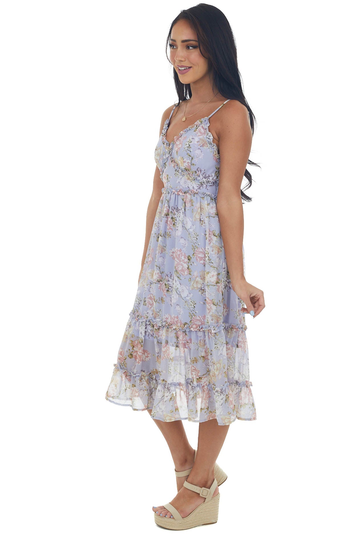 Lavender Floral Sleeveless Frill Midi Dress