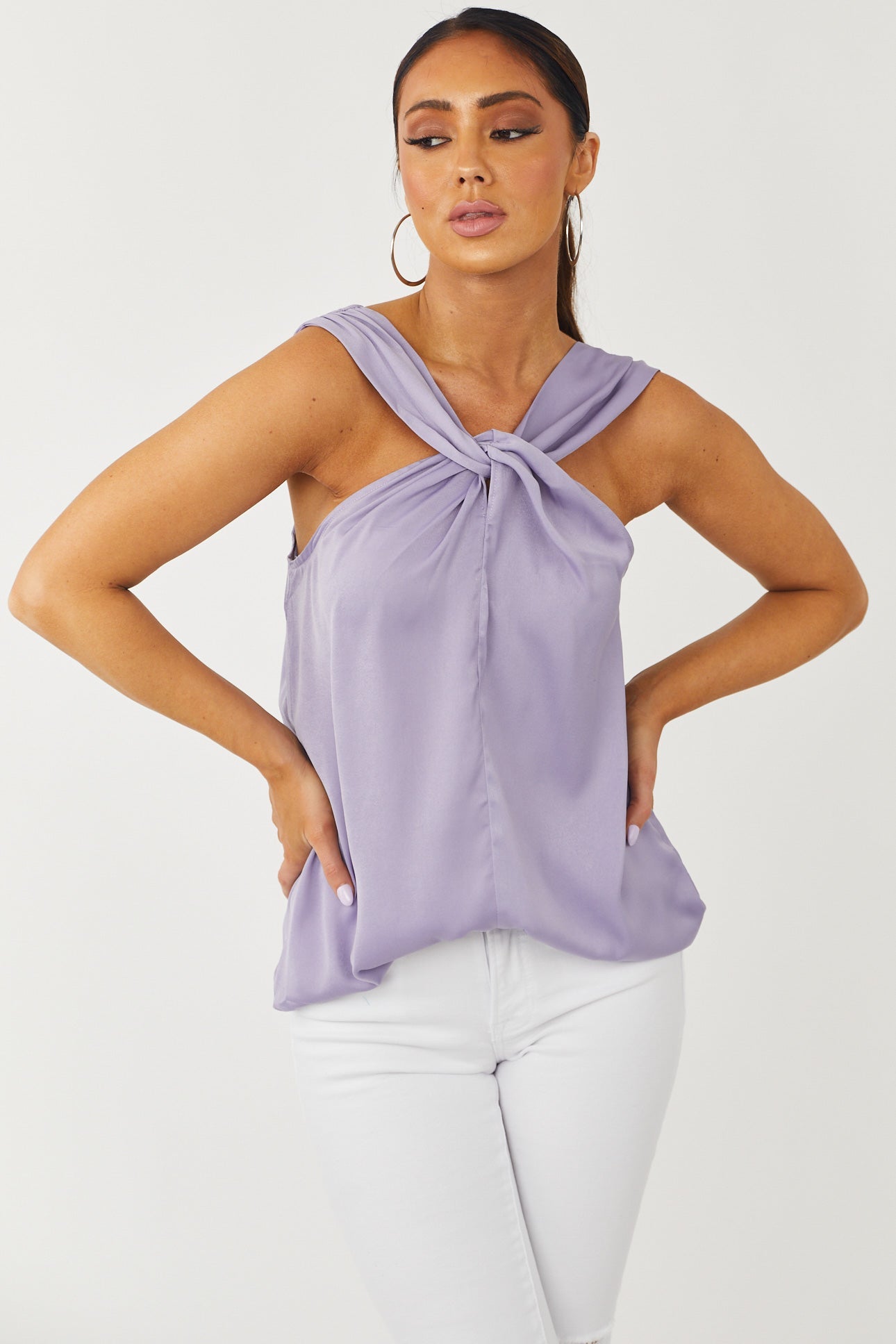 Lavender Front Twist Silky Sleeveless Blouse