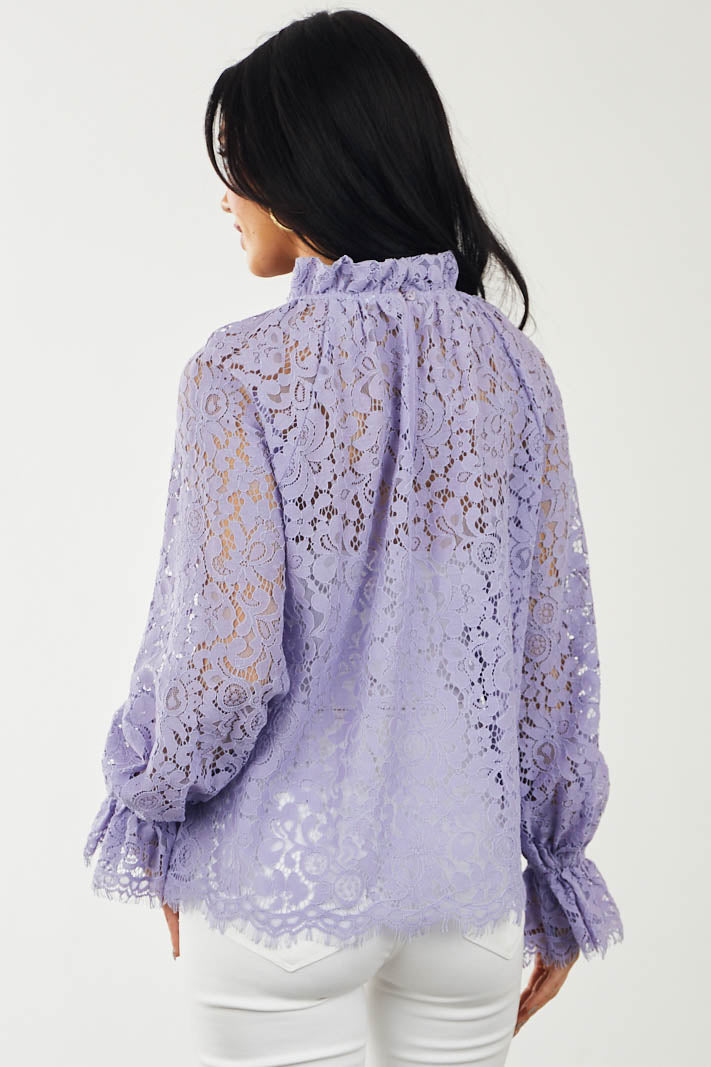 Lavender High Neck Eyelash Trim Lace Blouse