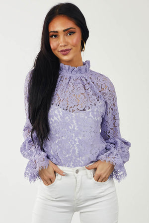 Lavender High Neck Eyelash Trim Lace Blouse