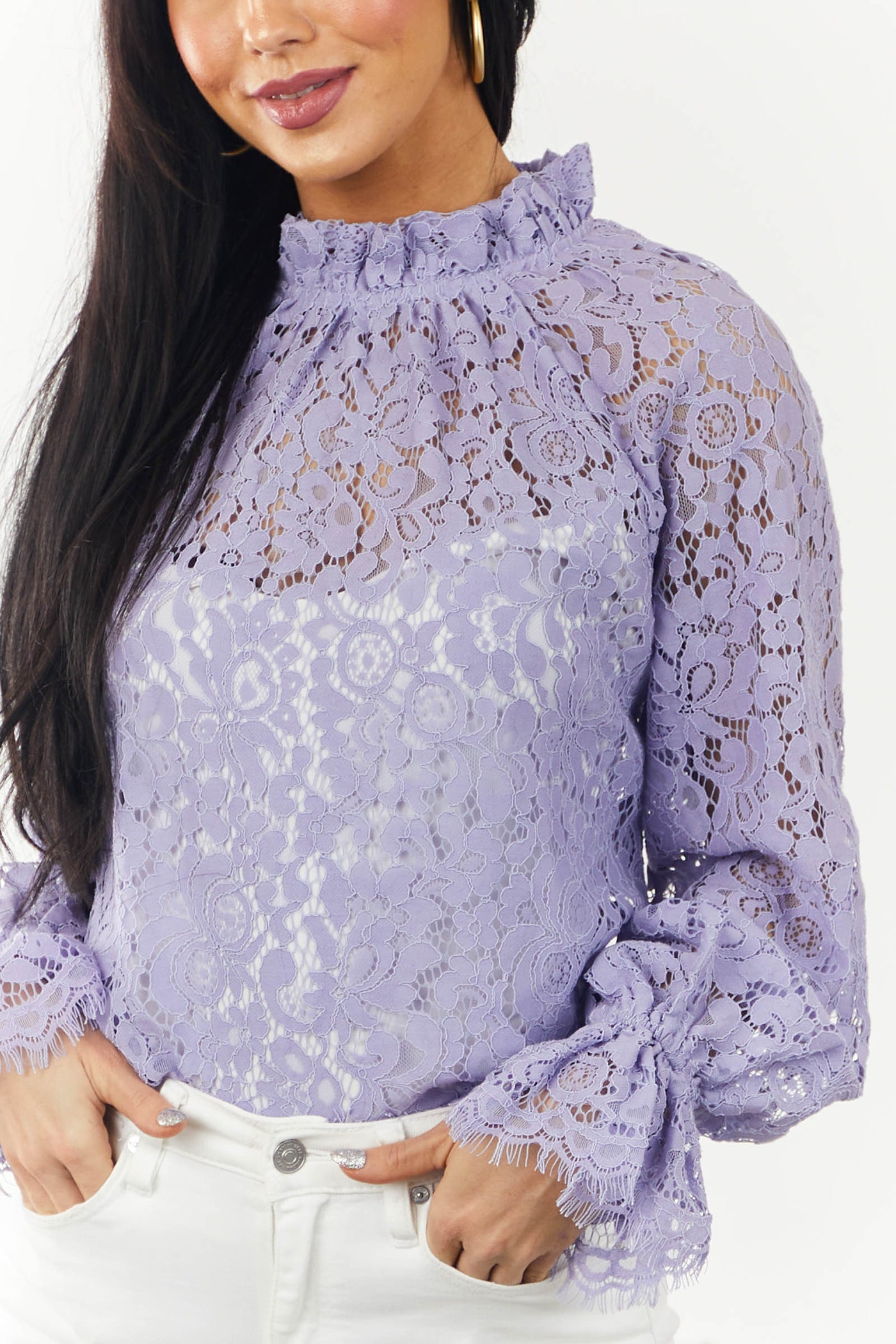 Lavender High Neck Eyelash Trim Lace Blouse