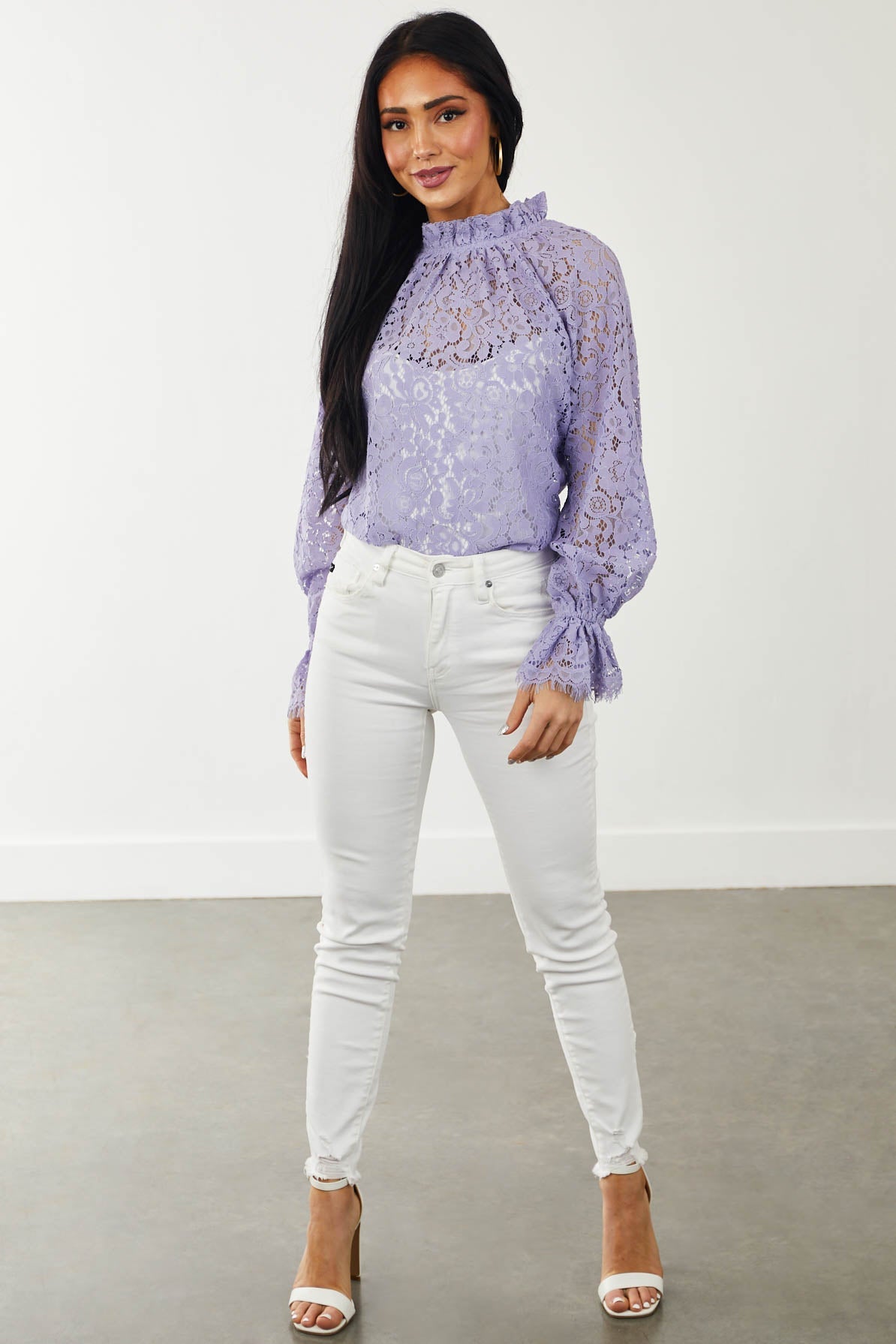 Lavender High Neck Eyelash Trim Lace Blouse