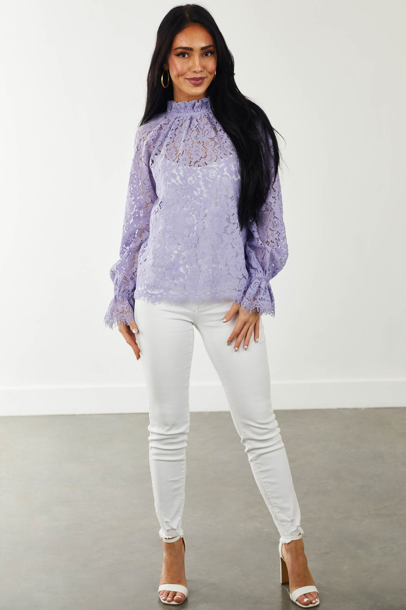 Lavender High Neck Eyelash Trim Lace Blouse