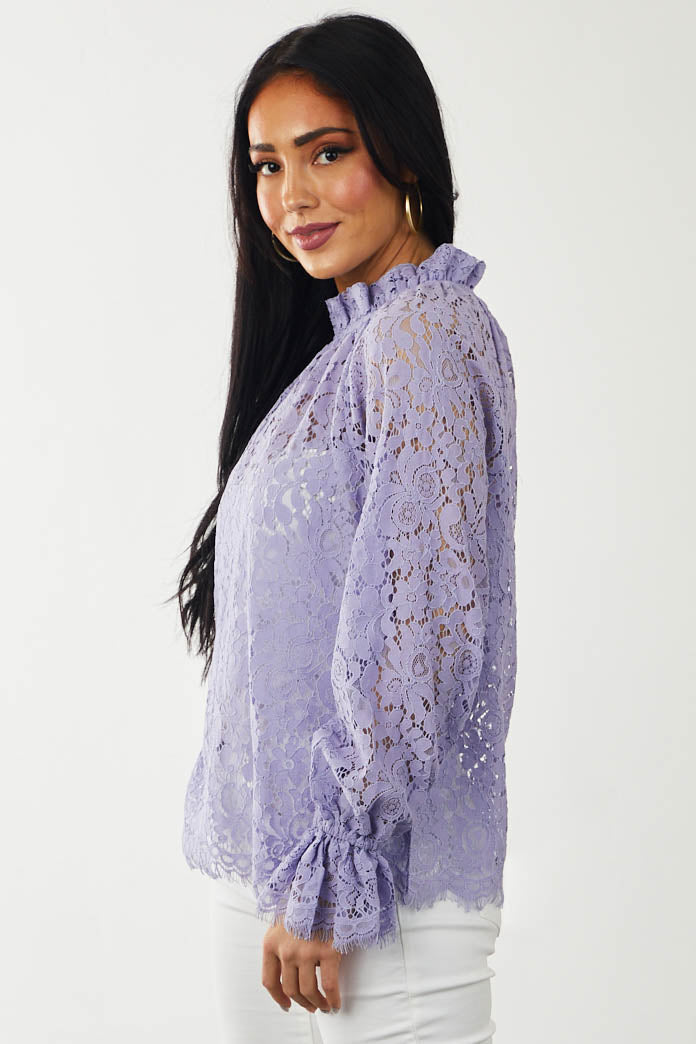 Lavender High Neck Eyelash Trim Lace Blouse