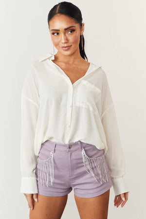 Lavender High Waisted Rhinestone Fringe Shorts