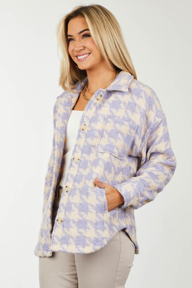 Lavender Houndstooth Button Up Shirt Jacket