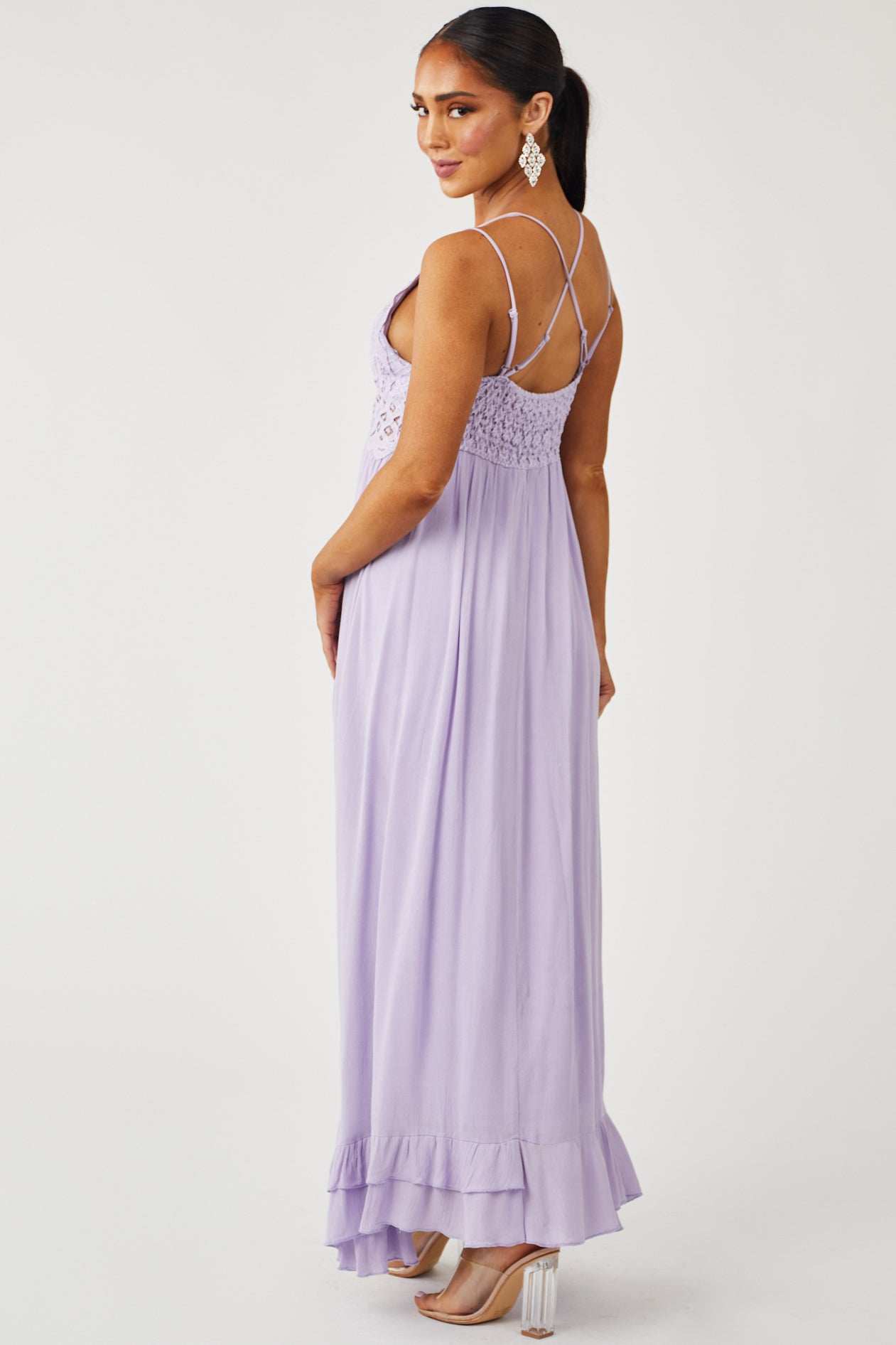 Lavender Lace V Neck Maxi Dress with Ruffle Hem