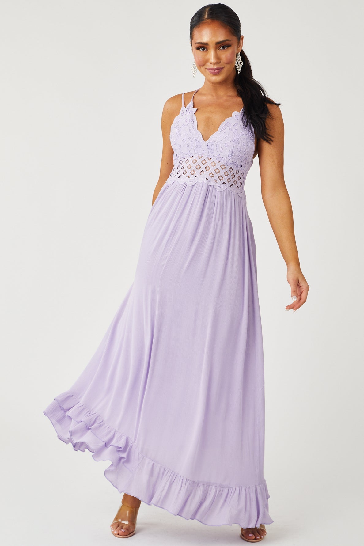 Lavender Lace V Neck Maxi Dress with Ruffle Hem