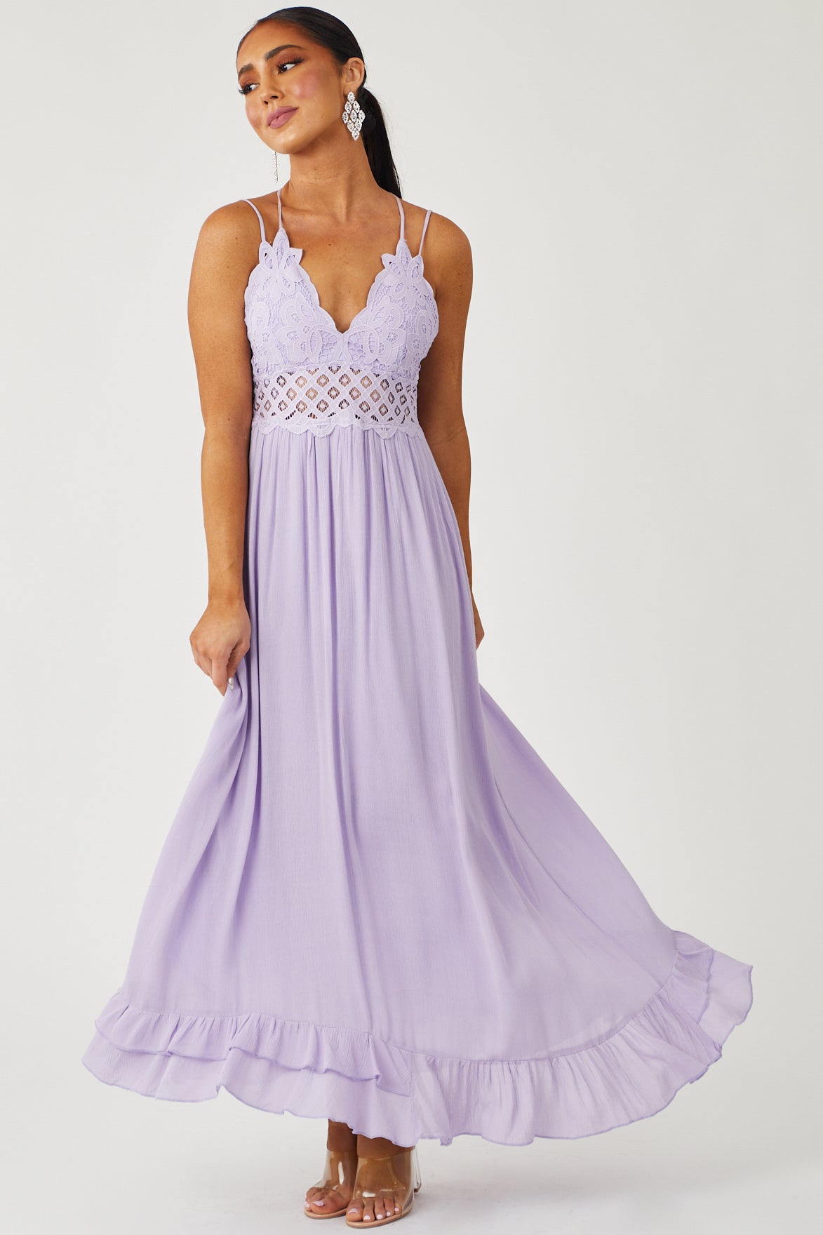 Lavender Lace V Neck Maxi Dress with Ruffle Hem