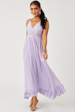 Lavender Lace V Neck Maxi Dress with Ruffle Hem
