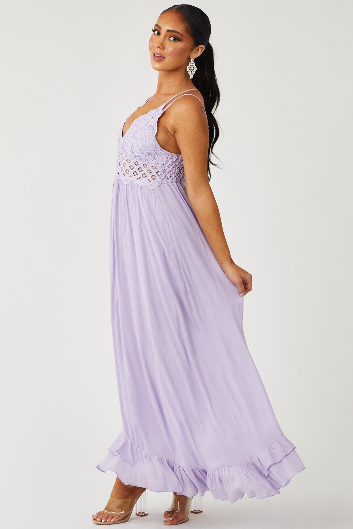 Lavender Lace V Neck Maxi Dress with Ruffle Hem