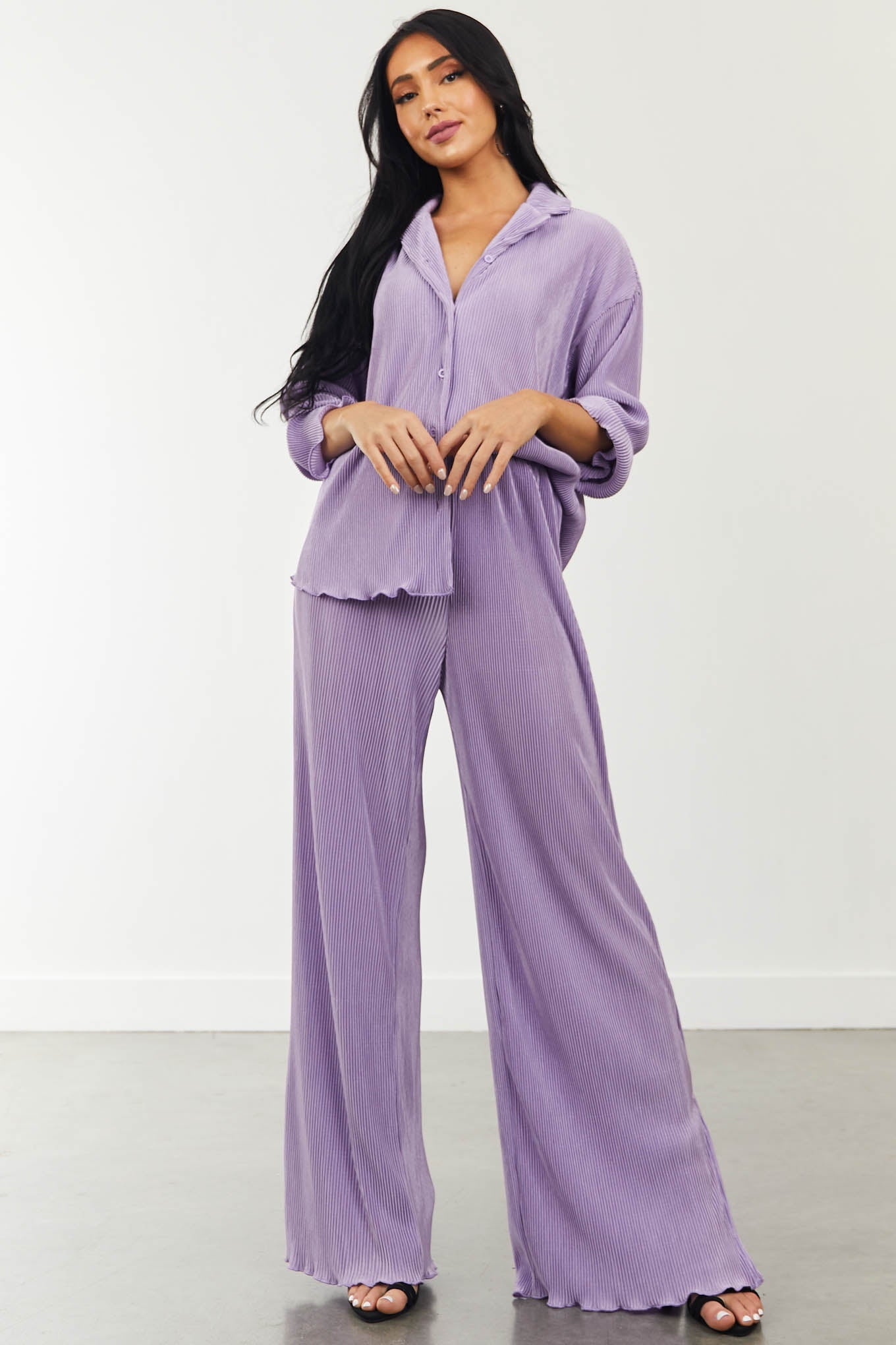 Lavender Loose Fit Shirt and Pants Plisse Set