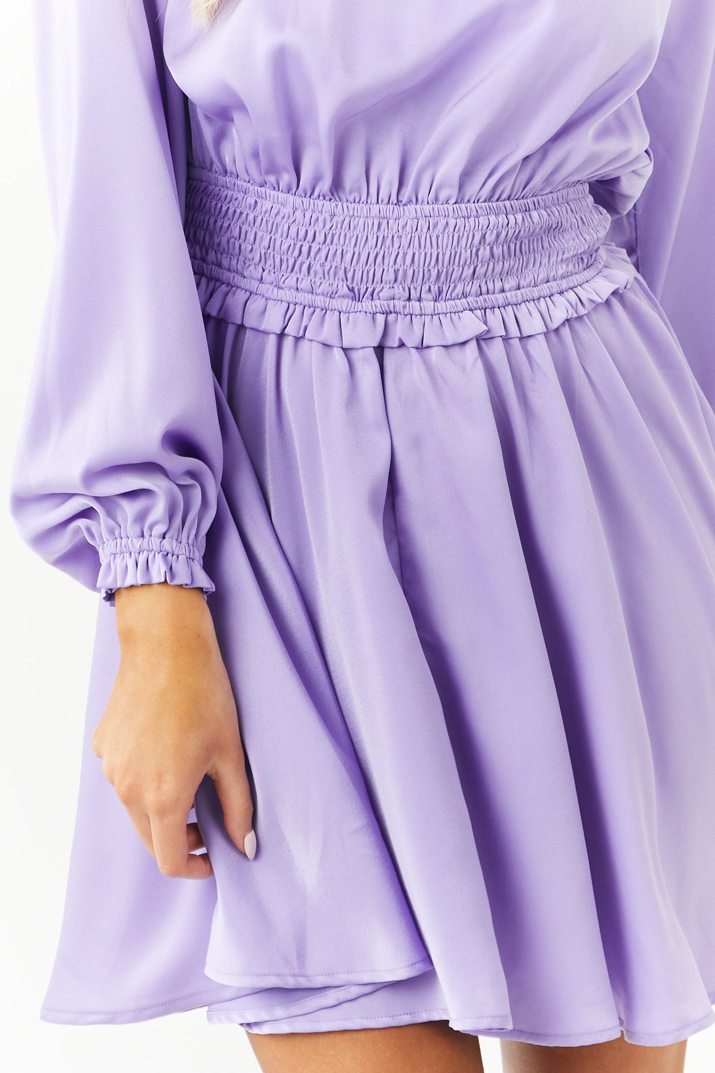 Lavender Mock Neck Smocked Waist Mini Dress