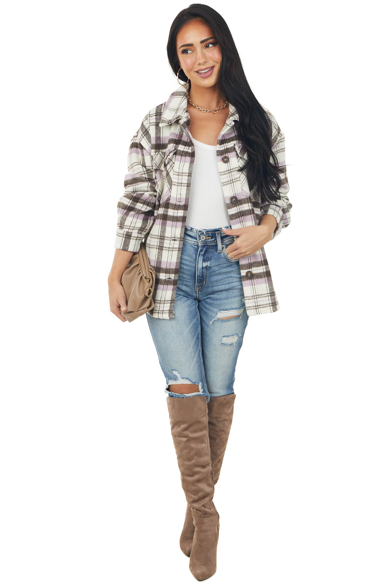 Lavender Plaid Button Down Shirt Jacket